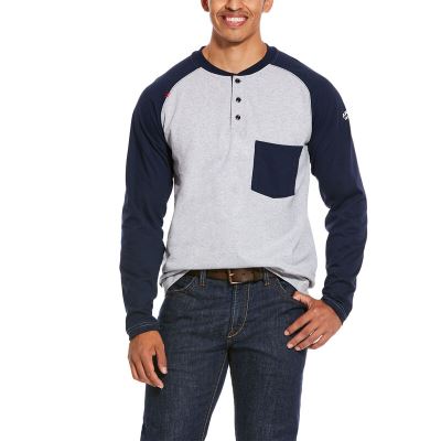 Henley Męskie Ariat FR Baseball Henley Szare Granatowe | PL-038635