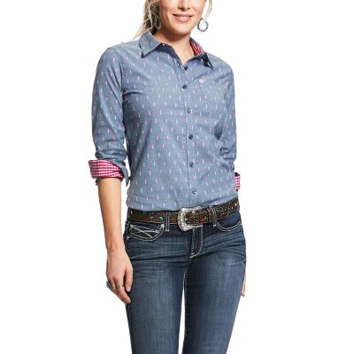 Koszule Damskie Ariat Wrinkle Resist Kirby Stretch Niebieskie | PL-938700